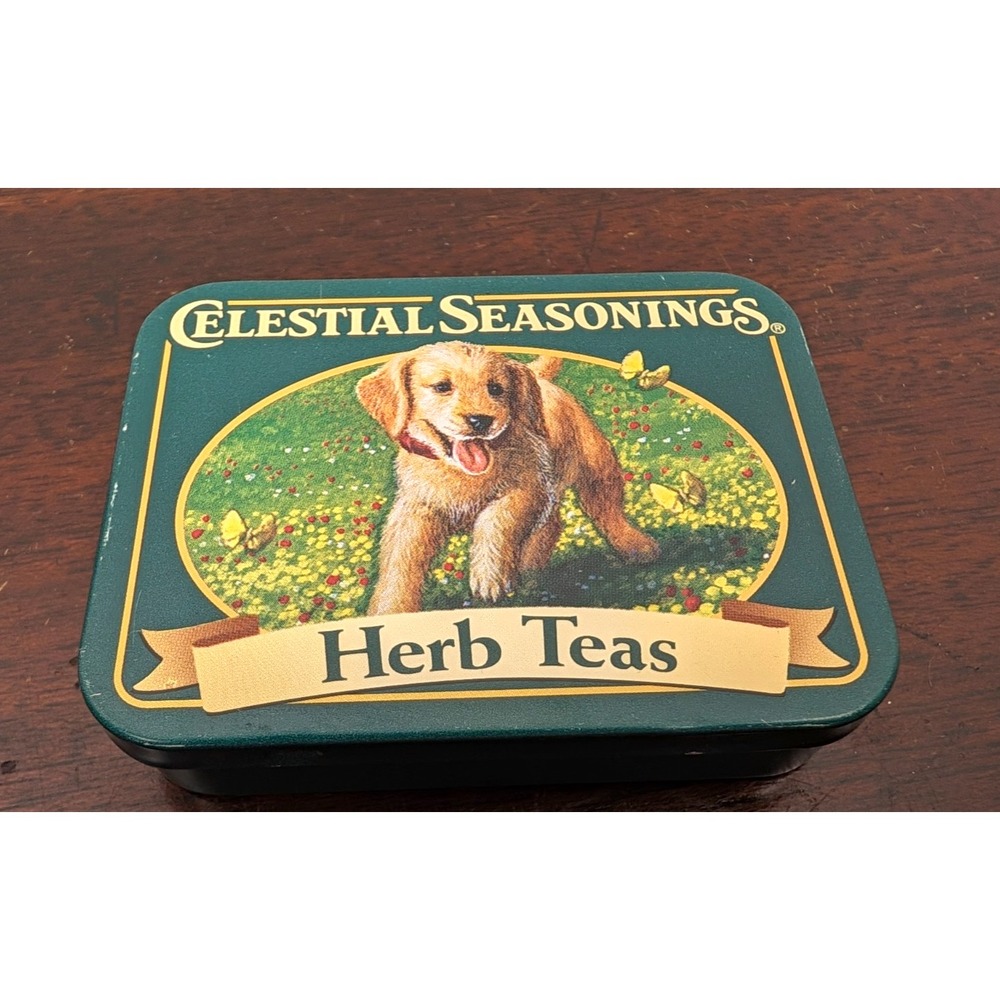 Vintage Celestial Seasonings Herb Teas Mini Tin Puppy Dog Labrador Hinged Box